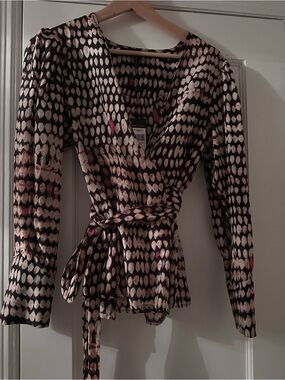 BCBG Black and Cream Polka-Dot Wrap Top with Red Accents